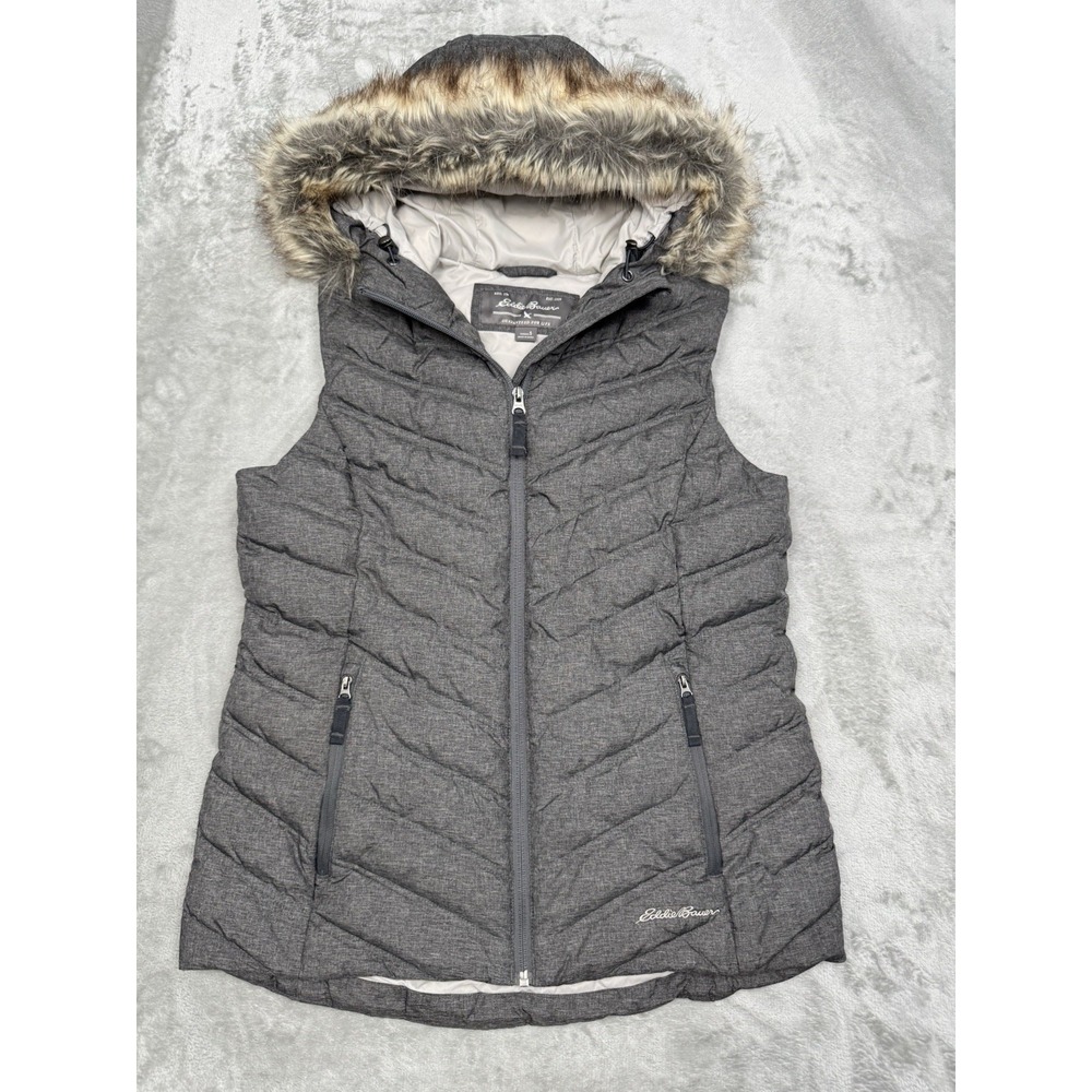 Eddie Bauer Goose Down Puffer Vest Womens Small Gray Hooded Faux Fur Winter